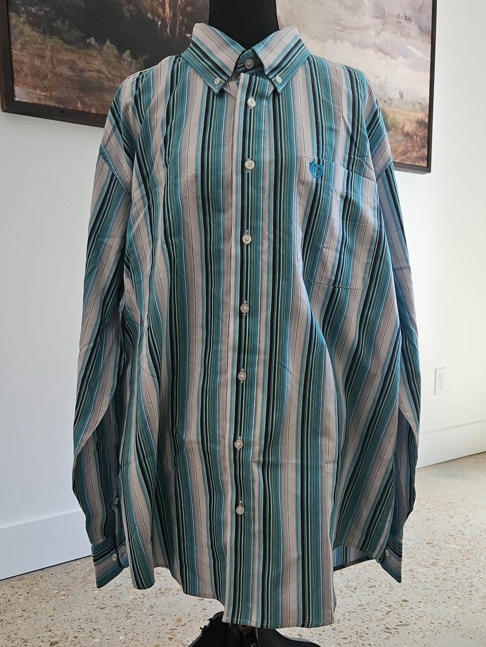 Panhandle Men's Teal & White Striped Western Button-Down Shirt. Size XL